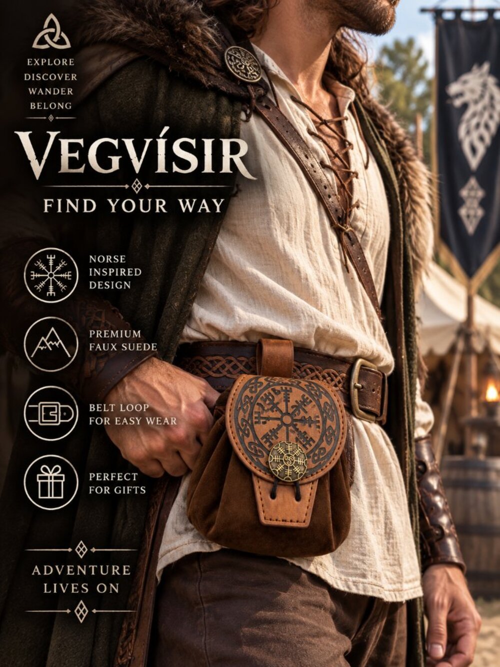 Vegvisir Norse Belt Pouch Viking Compass Renaissance Faire Brown Faux Suede Bag